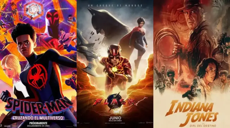 Un collage de tres pósteres de estrenos de junio de 2023. A la izquierda, el cartel de 'Spider-Man: Cruzando el Multiverso' con Miles Morales y Gwen Stacy en primer plano rodeados de múltiples versiones de Spider-Man. En el centro, el póster de 'The Flash' con el superhéroe corriendo hacia adelante, flanqueado por las siluetas de Batman y Supergirl. A la derecha, el cartel de 'Indiana Jones y el Dial del Destino' con un Harrison Ford envejecido sosteniendo su látigo, rodeado por el reparto principal bajo un tono anaranjado y nostálgico.