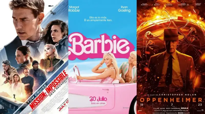 Un collage de tres pósteres de películas estrenadas en julio de 2023. A la izquierda, el cartel de 'Misión: Imposible - Sentencia Mortal Parte 1' muestra a Tom Cruise en la parte superior y un montaje de los personajes principales sobre una escena de acción con un tren. En el centro, el póster de 'Barbie' presenta a Margot Robbie sonriente al volante de un coche rosa descapotable con Ryan Gosling como Ken al lado, bajo un cielo azul despejado. A la derecha, el cartel de 'Oppenheimer' muestra a Cillian Murphy con sombrero y traje frente a un fondo de fuego y chispas naranjas intensas.