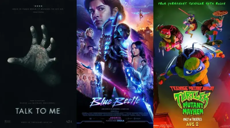 Un Collage De Tres Estrenos Destacados De Agosto De 2023. A La Izquierda, El Cartel De Terror De 'Háblame' (Talk To Me) Muestra Una Mano Embalsamada Cubierta De Escrituras Sobre Un Fondo Negro. En El Centro, El Póster De 'Blue Beetle' Presenta Al Superhéroe De Dc Con Su Armadura Tecnológica Azul Brillante Y Rasgos Alienígenas. A La Derecha, El Cartel De 'Ninja Turtles: Caos Mutante' Muestra A Las Cuatro Tortugas Ninja Saltando En Una Escena De Acción Nocturna Con Un Estilo De Dibujo Urbano Y Grafiti.