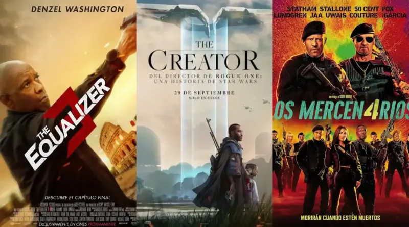 Un collage de tres pósteres de estrenos de septiembre de 2023. A la izquierda, el cartel de 'The Equalizer 3' muestra a Denzel Washington de perfil sosteniendo un arma, con el Coliseo de Roma al fondo bajo un tono sepia. En el centro, el póster de 'The Creator' presenta a un hombre de espaldas con un arma larga junto a un niño robótico, bajo un cielo con naves espaciales y una luz azul vertical. A la derecha, el cartel de 'Los Mercenarios 4' (Expend4bles) muestra a Jason Statham y Sylvester Stallone en la parte superior y al resto del reparto armado abajo, sobre un fondo de explosiones naranjas y verdes.