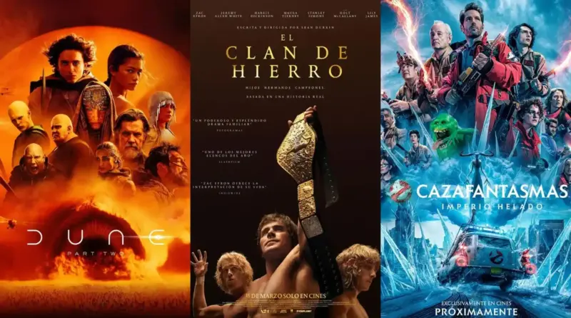 Collage De Pósteres De Estrenos De Marzo De 2024. A La Izquierda, El Póster De 'Dune: Parte Dos' Muestra A Timothée Chalamet Y Zendaya De Perfil Sobre Un Desierto Anaranjado Bajo Un Sol Abrasador. En El Centro, El Cartel De 'El Clan De Hierro' Presenta A Zac Efron Y Jeremy Allen White Como Luchadores Profesionales, Posando Juntos En Un Ring De Lucha Libre Con Tonos Marrones Y Amarillentos. A La Derecha, El Póster De 'Cazafantasmas: Imperio Helado' Destaca A Paul Rudd Y Mckenna Grace Junto Al Reparto Original, Todos Equipados Con Sus Trajes Frente A Una Ciudad De Nueva York Congelada Por Picos De Hielo Azul.