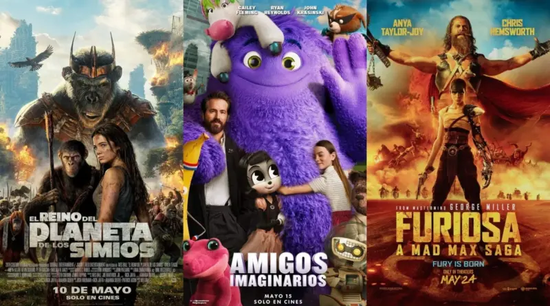 Collage de tres pósteres de estrenos de mayo de 2024. A la izquierda, el cartel de 'El Reino del Planeta de los Simios' muestra a un simio con corona y a una joven humana frente a un paisaje de edificios en ruinas cubiertos de vegetación. En el centro, el póster de 'Amigos Imaginarios' presenta a Ryan Reynolds junto a una criatura peluda gigante de color violeta y otros personajes animados. A la derecha, el cartel de 'Furiosa: A Mad Max Saga' muestra a Anya Taylor-Joy y Chris Hemsworth sobre un fondo de explosiones y vehículos en un desierto apocalíptico.