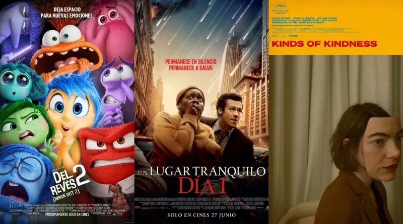 Collage de tres estrenos de junio de 2024. A la izquierda, el cartel de 'Del Revés 2' (Inside Out 2) muestra a las emociones Alegría, Tristeza, Ira, Miedo y Asco junto a nuevas emociones como Ansiedad. En el centro, el póster de 'Un lugar tranquilo: Día 1' muestra a Lupita Nyong'o y Joseph Quinn con expresión de terror en una Nueva York apocalíptica. A la derecha, el cartel de 'Kinds of Kindness' presenta a Emma Stone con un efecto visual donde parte de su rostro parece desplazado sobre un fondo amarillo y cortinas beige.