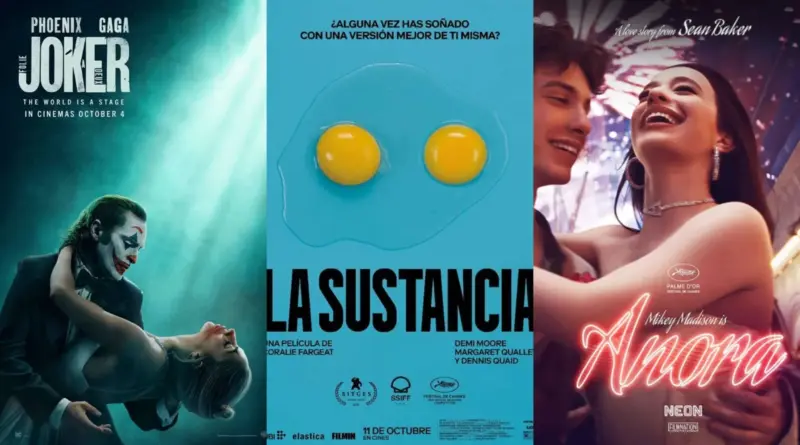 Collage de tres estrenos de películas para octubre de 2024. A la izquierda, el cartel de 'Joker: Folie à Deux' muestra a Joaquin Phoenix como el Joker y a Lady Gaga como Harley Quinn bailando bajo un haz de luz verde. En el centro, el póster de 'La Sustancia' (The Substance) presenta dos yemas de huevo sobre un fondo azul claro con el título en letras negras grandes. A la derecha, el cartel de 'Anora' muestra a una pareja joven abrazándose y riendo en un entorno festivo con luces de neón.