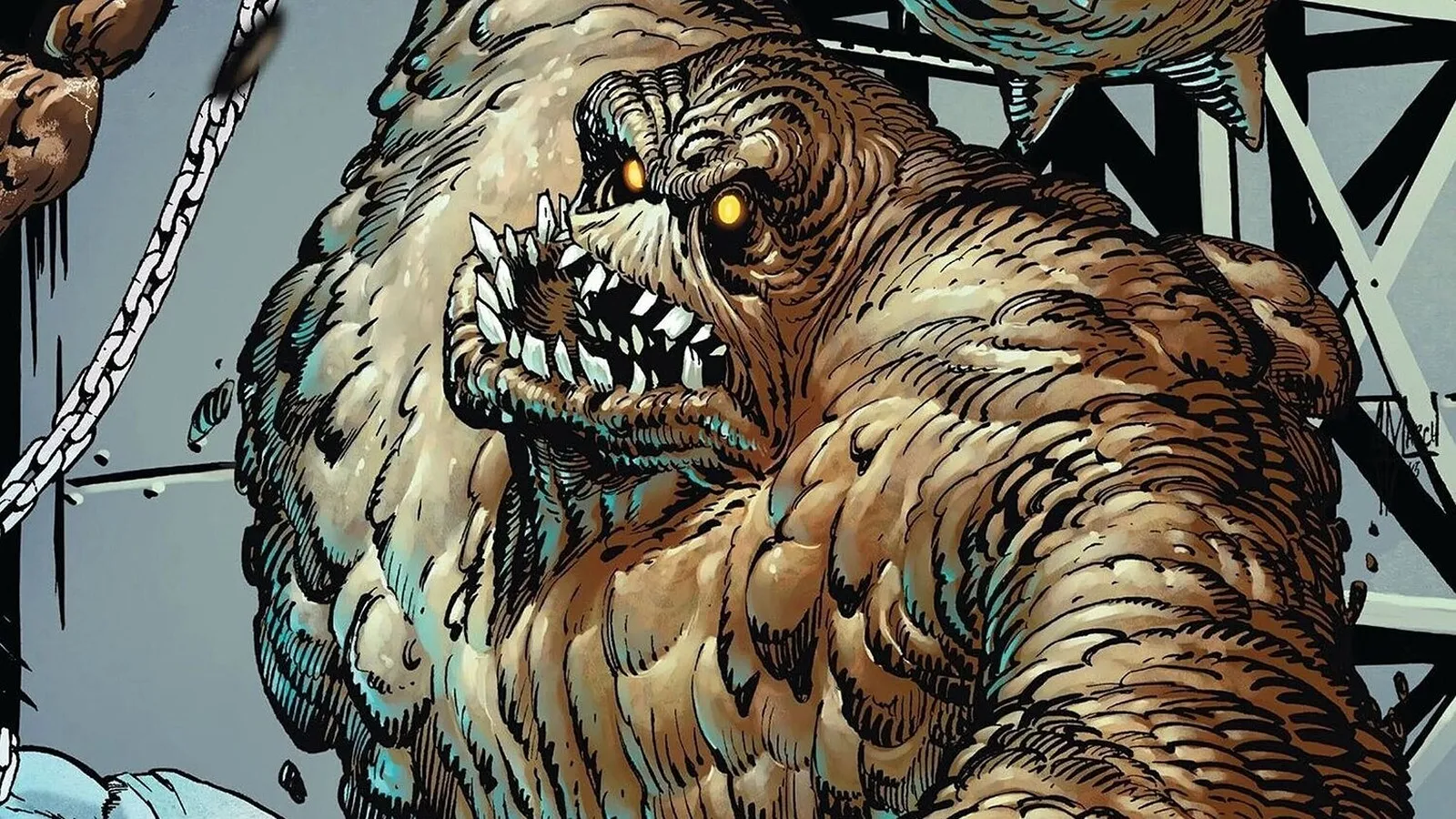 Primer plano de Clayface, villano de Batman, mostrando su cuerpo de barro y mandíbula con dientes afilados.