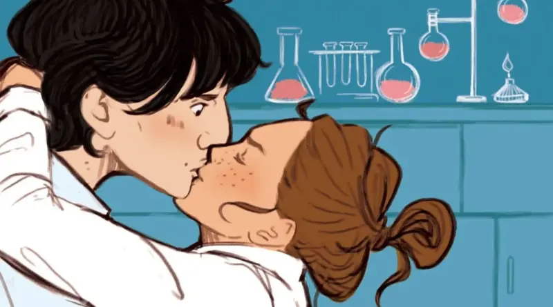 Ilustración de Olive Smith y Adam Carlsen besándose en un laboratorio, basada en el libro La Hipótesis del Amor.