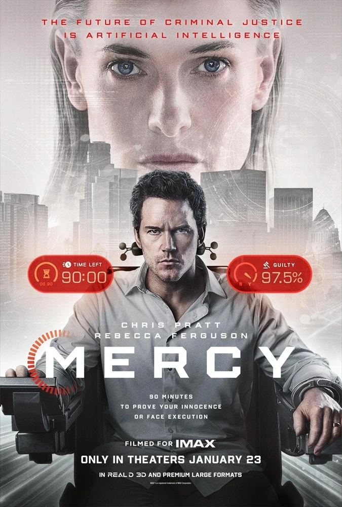 Chris Pratt es acusado de asesinar a su esposa y juzgado por la IA en el primer tráiler de 'Sin Piedad' ('Mercy'). 4 mundoCine - sin piedad 2026 poster pelicula