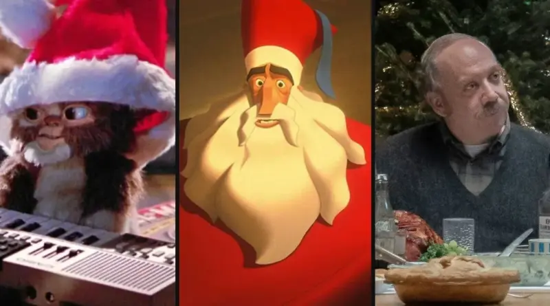 Un tríptico de imágenes de películas navideñas que muestra a un Gremlin con gorro de Papá Noel tocando un teclado, una ilustración estilizada del rostro de Klaus con barba blanca y gorro rojo en 'Klaus', y al actor Paul Giamatti cenando en una escena de 'Los que se quedan'.