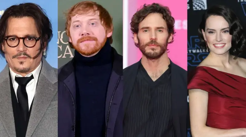 Reparto principal de la película Ebenezer: A Christmas Carol con Johnny Depp, Rupert Grint, Sam Claflin y Daisy Ridley.