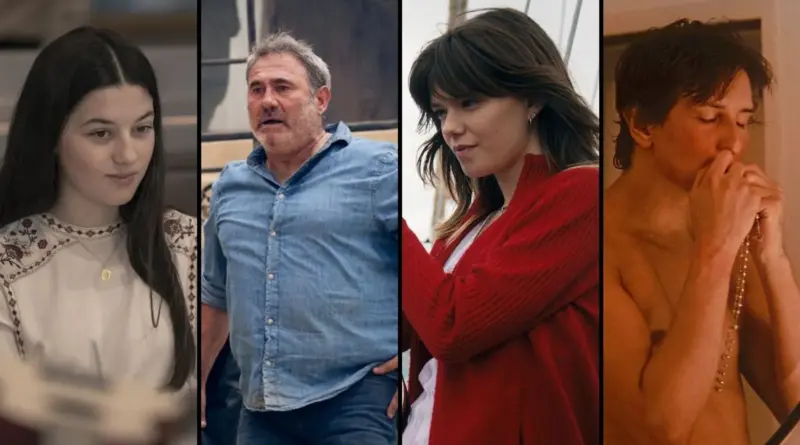 Collage de cuatro paneles verticales con personajes de distintas películas nominadas a los Premios Goya 2026. 1) Una joven de pelo largo oscuro mira hacia abajo con timidez en 'Los domingos'. 2) El actor Sergi López con camisa azul vaquera y expresión de preocupación en un entorno industrial en 'Sirat'. 3) Una joven con chaqueta roja al aire libre cerca de un barco en 'Romería'. 4) Un hombre joven sin camiseta besando o sosteniendo un rosario frente a su boca en un interior cálido en 'Tardes de soledad'.