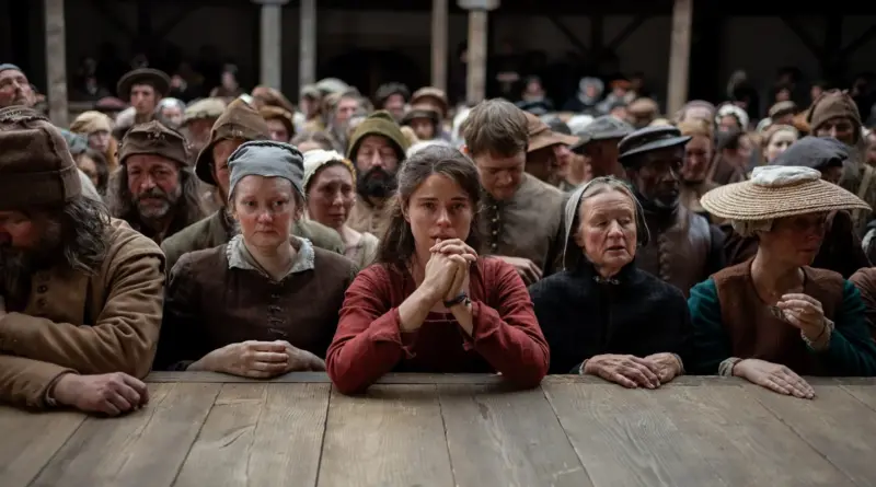 Crítica de 'Hamnet': Todo lo que vive debe morir, pasando por la naturaleza hacia la eternidad. 1 Fotograma de la película 'Hamnet'. Plano medio frontal de una multitud densa vestida con ropa de época (siglo XVI/XVII) mirando hacia el frente. En el centro, Jessie Buckley destaca con una expresión de profunda conmoción, con las manos juntas frente a la boca y ojos llorosos. Una mujer mayor a su lado la mira con preocupación. El fondo muestra la estructura de madera de un teatro al aire libre.