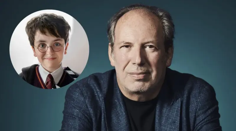 Retrato frontal del compositor Hans Zimmer con chaqueta azul y mirada serena, acompañado de un inserto circular en la esquina superior izquierda que muestra al nuevo actor de Harry Potter con gafas redondas y uniforme de Gryffindor.