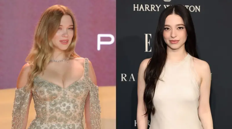 Composición dividida en dos mitades para presentar a las protagonistas de 'La máscara de la muerte roja'. A la izquierda, la actriz Léa Seydoux posa con un vestido brillante de pedrería color champán y los hombros al descubierto sobre un fondo rosa. A la derecha, Mikey Madison con el pelo largo y oscuro suelto, vistiendo un vestido blanco minimalista sobre un fondo negro con logotipos de moda.