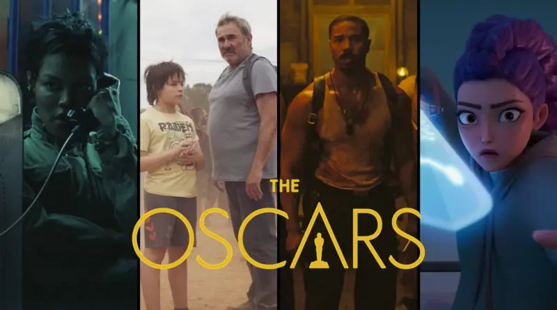 Las nominaciones a los Premios Óscar 2026: 'Sirat' hace historia para España y 'Los pecadores' arrasa con 16 candidaturas, cifra récord. 1 Collage vertical dividido en cuatro franjas que muestran películas nominadas a los Óscar 2026, con el logotipo dorado "THE OSCARS" superpuesto abajo. De izquierda a derecha: 1) Teyana Taylor hablando por teléfono en una cabina oscura (Una batalla tras otra). 2) Un hombre y un niño de pie en un entorno polvoriento (Sirat). 3) Michael B. Jordan sudoroso con camiseta tirantes (Los pecadores). 4) Personaje de animación con pelo morado y espada brillante (K-Pop: Demon Hunters).