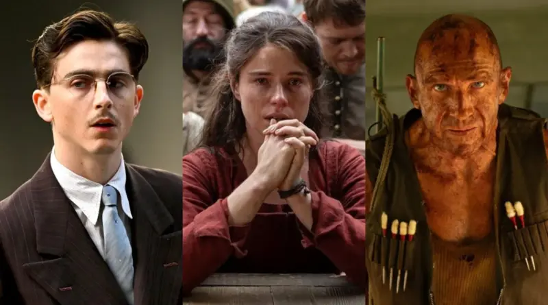 Collage de tres fotogramas de estrenos de enero de 2026. A la izquierda, Timothée Chalamet con gafas, bigote fino y traje marrón con corbata azul en 'Marty Supreme'. En el centro, una mujer joven con el rostro manchado de lágrimas y las manos entrelazadas en actitud de súplica o rezo en 'Hamnet'. A la derecha, un hombre calvo con el rostro cubierto de suciedad y sangre, vistiendo un chaleco táctico con dardos o munición a la vista, mirando fijamente con intensidad en '28 años después: El templo de los huesos'.