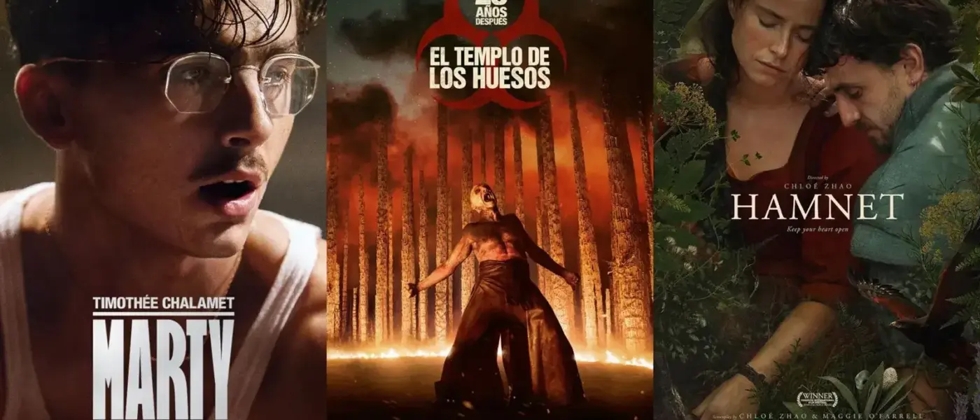 Un collage de tres pósteres de estrenos de enero 2026. A la izquierda, 'Marty Supreme' muestra un primer plano de Timothée Chalamet con gafas de montura fina y expresión de asombro. En el centro, '28 años después: El templo de los huesos' presenta una figura solitaria, Ralph Fiennes, gritando frente a estructuras verticales en llamas bajo un cielo rojizo. A la derecha, el cartel de 'Hamnet' muestra a Jessie Buckley y Paul Mescal abrazados en un entorno natural rodeado de flores y plantas verdes.