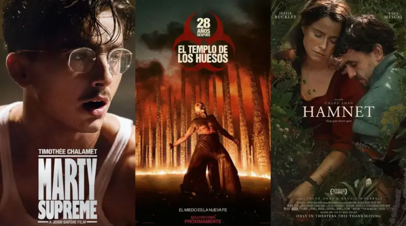Un collage de tres pósteres de estrenos de enero 2026. A la izquierda, 'Marty Supreme' muestra un primer plano de Timothée Chalamet con gafas de montura fina y expresión de asombro. En el centro, '28 años después: El templo de los huesos' presenta una figura solitaria, Ralph Fiennes, gritando frente a estructuras verticales en llamas bajo un cielo rojizo. A la derecha, el cartel de 'Hamnet' muestra a Jessie Buckley y Paul Mescal abrazados en un entorno natural rodeado de flores y plantas verdes.