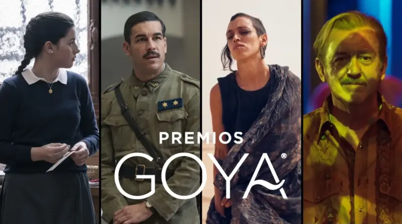 Collage de los Premios Goya 2026 dividido en cuatro paneles verticales. De izquierda a derecha: 1) La joven actriz de L'os domingos' perfil con una trenza oscura y uniforme escolar, sosteniendo una tarjeta. 2) El actor Mario Casas en 'La cena' con bigote y uniforme militar de la Guerra Civil/Posguerra mirando con preocupación. 3) Una actriz de 'Sirat' con el cabello rapado a los lados y expresión de dolor o éxtasis con los ojos cerrados. 4) El actor Karra Elejalde en 'Maspalomas' iluminado por una luz amarilla intensa, vistiendo una camisa estampada retro. En el centro, el logotipo blanco: "PREMIOS GOYA".