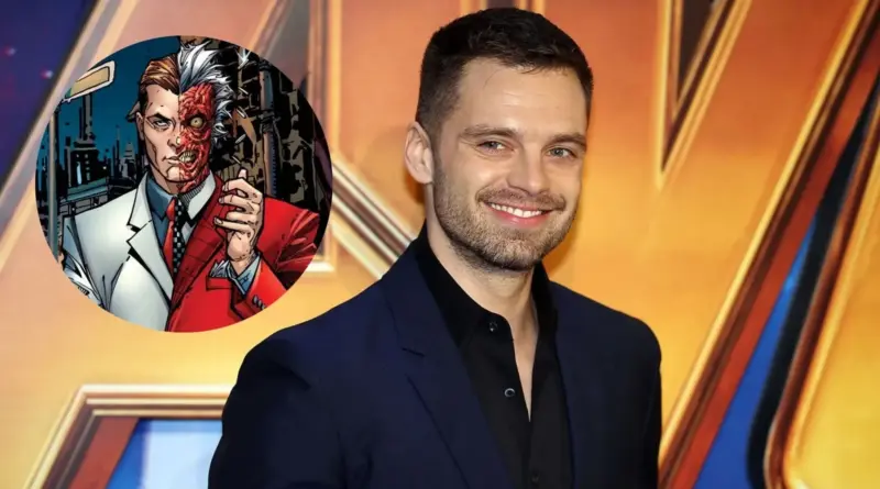Fotografía de Sebastian Stan sonriendo con una chaqueta azul oscuro y camisa negra, junto a una ilustración circular del villano de DC, Dos Caras, vistiendo su icónico traje dividido en blanco y rojo, para anunciar el fichaje del actor en 'The Batman 2'.