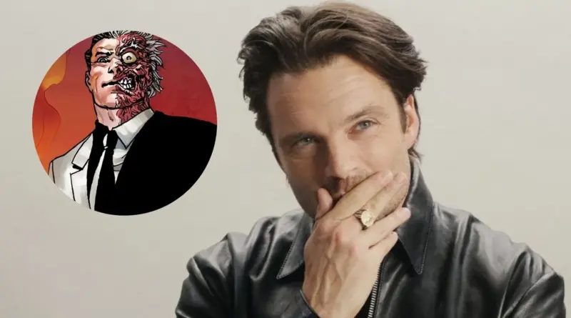 Sebastian Stan junto a una ilustración circular del villano de DC, Dos Caras, vistiendo su icónico traje dividido en blanco y rojo, para anunciar el fichaje del actor en 'The Batman 2'.