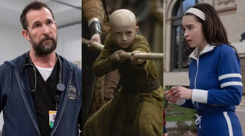 Collage de tres fotogramas de series para enero de 2026. A la izquierda, un hombre con barba (Noah Wyle) vestido con ropa médica negra y un estetoscopio al cuello mira con preocupación en 'The Pitt'. En el centro, un niño de cabeza rapada y túnica verde tira con fuerza de una cuerda gruesa en 'El caballero de los Siete Reinos'. A la derecha, Emilia Clarke con el cabello oscuro y una cinta blanca en la cabeza, viste un chándal azul con rayas blancas y mira hacia abajo con expresión pensativa en un entorno urbano en 'Ponies'.