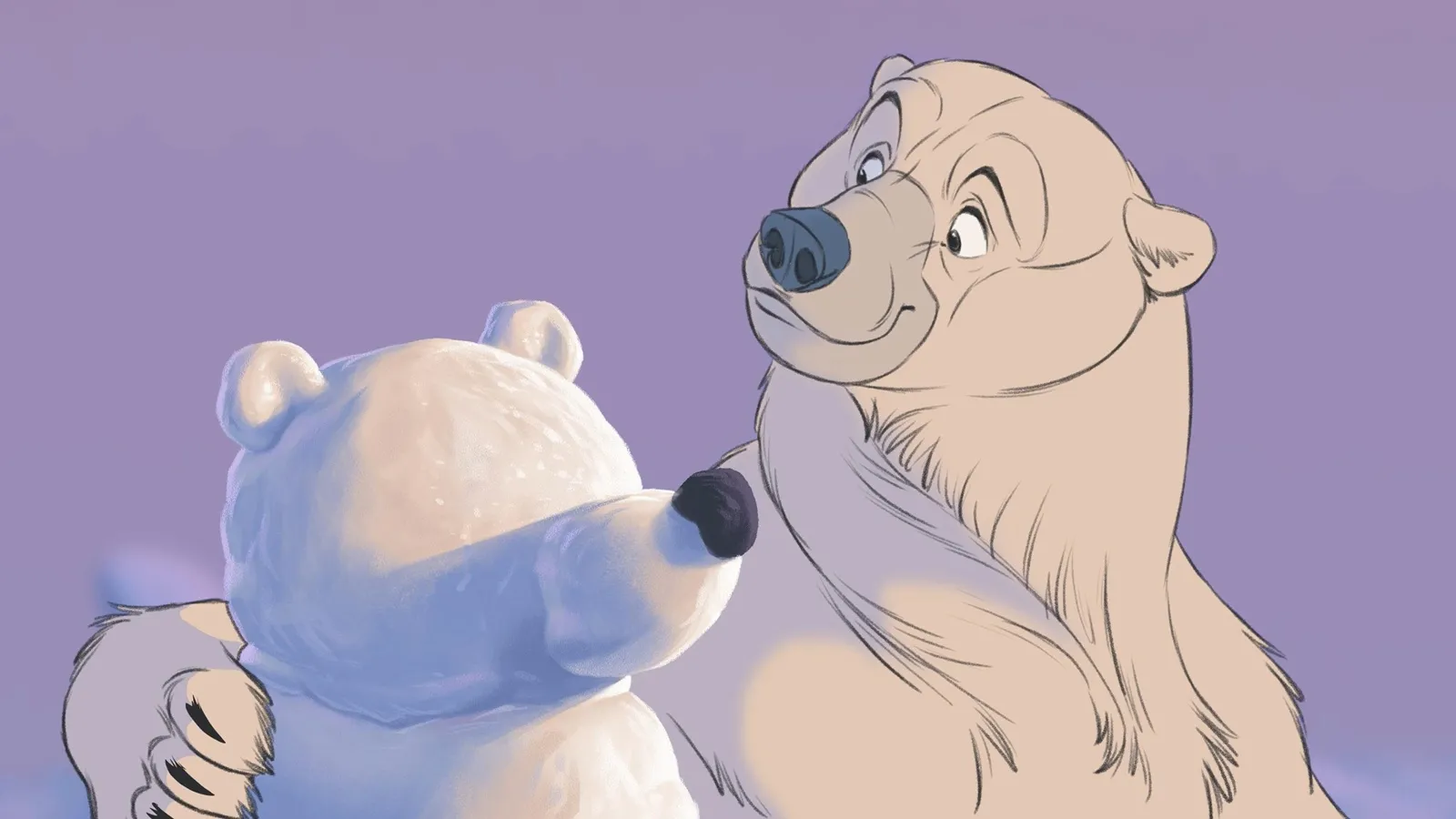 Primer plano de estilo animación tradicional 2D que muestra a un oso polar adulto mirando con una sonrisa suave y afectuosa a un osezno que se encuentra frente a él. El trazo simula el dibujo a lápiz y el fondo es un degradado suave de color violeta y lavanda.