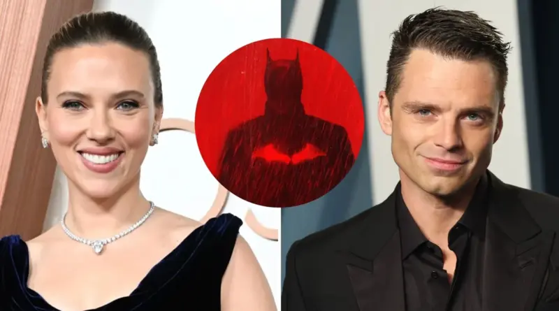 'The Batman 2' verá a las estrellas de Marvel Sebastian Stan y Scarlett Johansson invadiendo Gotham. 1 Imagen compuesta con Scarlett Johansson a la izquierda y Sebastian Stan a la derecha, flanqueando un círculo central rojo que muestra la silueta sombría de Batman bajo la lluvia para anunciar sus fichajes en 'The Batman 2'.
