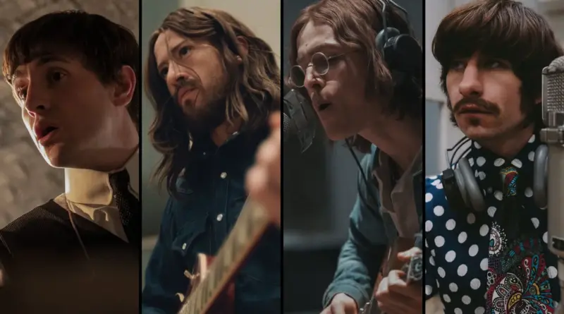 ¡Come Together! Primer vistazo a los Beatles de Paul Mescal, Barry Keoghan, Joseph Quinn y Harris Dickinson en las películas de Sam Mendes. 1 Composición de cuatro paneles verticales mostrando a los actores caracterizados como los Beatles. De izquierda a derecha: Paul Mescal cantando con camisa blanca y chaleco; Joseph Quinn tocando la guitarra con pelo largo; Harris Dickinson cantando con gafas redondas; y Barry Keoghan con bigote y auriculares en el estudio.