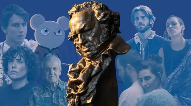 Collage Gráfico Con Fondo Azul Para El Artículo De Predicciones De Los Premios Goya 2026. En El Centro, El Busto De Bronce De Francisco De Goya (El Premio). Alrededor, Recortadas Y Superposicionadas, Aparecen Escenas De Varias Películas: Un Ratón De Animación, Un Torero Joven, Actores De Drama Histórico Y Contemporáneo.