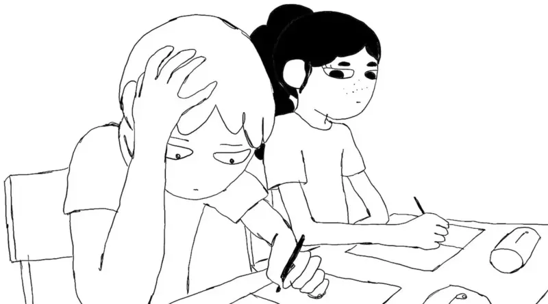 Fotograma De La Serie 'Samuel' (2024). Plano Medio De Dos Estudiantes Sentados En Sus Pupitres. A La Izquierda, Un Chico (Samuel) Apoya La Cabeza En Su Mano Con Gesto De Agobio O Aburrimiento Intenso Mientras Escribe. A Su Derecha, Una Chica De Pelo Oscuro Lo Mira De Reojo Con Una Expresión De Duda O Preocupación. El Fondo Es Blanco Minimalista.