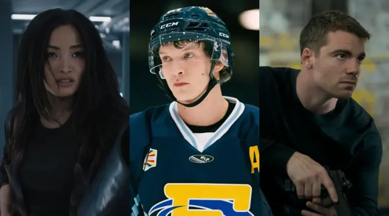 Las 10 mejores series que se estrenan en febrero 2026: 'Más que Rivales', 'El Agente Nocturno', y más recomendaciones. 1 Tríptico horizontal con tres escenas de series diferentes de febrero 2026. Izquierda: Una mujer asiática de pelo largo oscuro con expresión intensa en un entorno tecnológico azulado en 'Monarch: El legado de los monstruos'. Centro: Un jugador de hockey sobre hielo con casco azul y amarillo mirando al frente con seriedad en 'Heated Rivalry' ('Más que rivales'). Derecha: Un hombre de pelo corto (Gabriel Basso) en posición agachada sosteniendo una pistola negra, mirando hacia su derecha con tensión en 'El agente nocturno'.