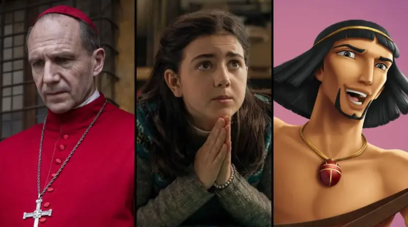 Collage De Tres Películas De Semana Santa: Un Cardenal (Cónclave), Una Persona Con Las Manos Juntas (¿Estás Ahí, Dios? Soy Yo, Margaret ) Y Un Hombre Animado (El Príncipe De Egipto).