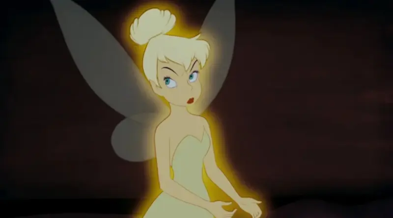 Campanilla De La Película De Animación Clásica De Disney Envuelta En Un Brillo Dorado Con Expresión De Duda O Escepticismo.