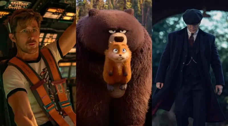 Composición De Tres Paneles Verticales Mostrando Estrenos Destacados De Marzo 2026: A La Izquierda, Ryan Gosling Con Arneses En Una Nave Espacial; En El Centro, Un Enorme Oso Pardo Animado Con Un Pequeño Castor Asomando; A La Derecha, Cillian Murphy Como Tommy Shelby Con Abrigo Oscuro Y Gorra Plana.
