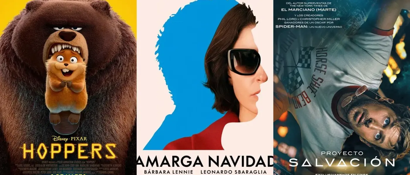 Composición De Tres Pósteres De Esrenos De Marzo 2026: &Quot;Hoppers&Quot; Con Un Oso De Dibujos Animados, &Quot;Amarga Navidad&Quot; Mostrando Un Perfil Superpuesto, Y &Quot;Proyecto Salvación&Quot; Con Un Astronauta Flotando Boca Abajo.