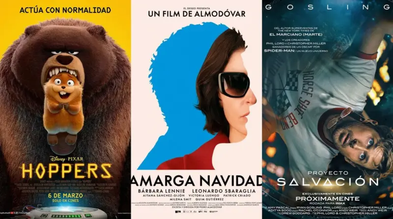 Composición De Tres Pósteres De Esrenos De Marzo 2026: &Quot;Hoppers&Quot; Con Un Oso De Dibujos Animados, &Quot;Amarga Navidad&Quot; Mostrando Un Perfil Superpuesto, Y &Quot;Proyecto Salvación&Quot; Con Un Astronauta Flotando Boca Abajo.