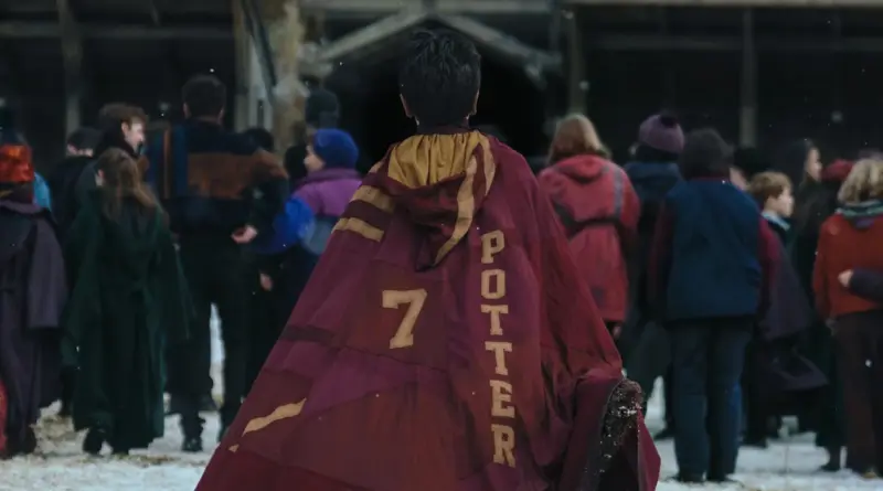 Harry Potter De Espaldas Con La Túnica De Quidditch Roja Y Dorada Con El Nombre Potter Y El Número 7, Caminando Hacia Una Multitud En La Nieve.