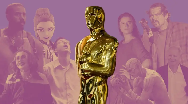 Collage Con Una Brillante Estatuilla Dorada De Los Premios Oscar En El Centro, Rodeada Por Varios Personajes De Películas Recientes Sobre Un Fondo De Tono Morado.