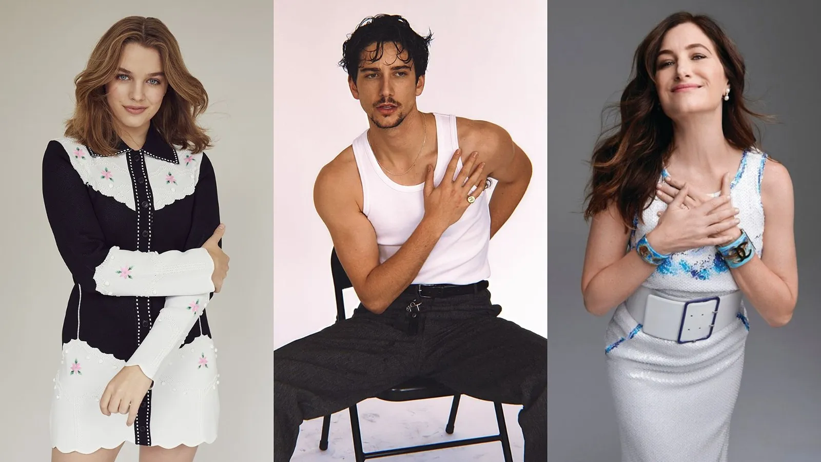 Composición de tres paneles que muestra a los actores Teagan Croft, Milo Manheim y Kathryn Hahn para el reparto de "Enredados" live-action.