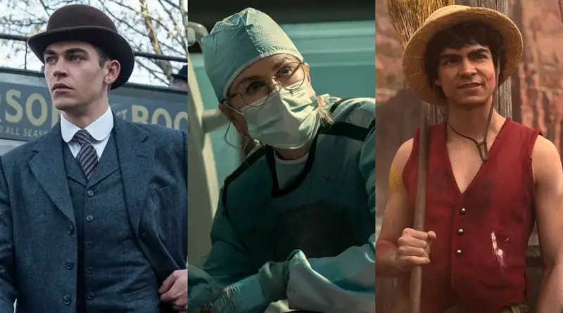 Tres Estrenos De Series De Marzo 2026. Composición De Tres Personajes De Series: Un Joven Con Traje De Época Y Bombín A La Izquierda, Una Cirujana Con Mascarilla En El Centro, Y Luffy De One Piece Con Sombrero De Paja A La Derecha.