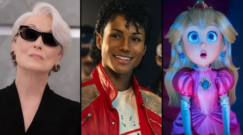 Collage De Tres Estrenos De Cine Para Abril 2026: Meryl Streep En El Diablo Viste De Prada 2, Jaafar Jackson Como Michael Jackson En La Película Biográfica Michael, Y La Princesa Peach En Super Mario Bros. La Película 2.