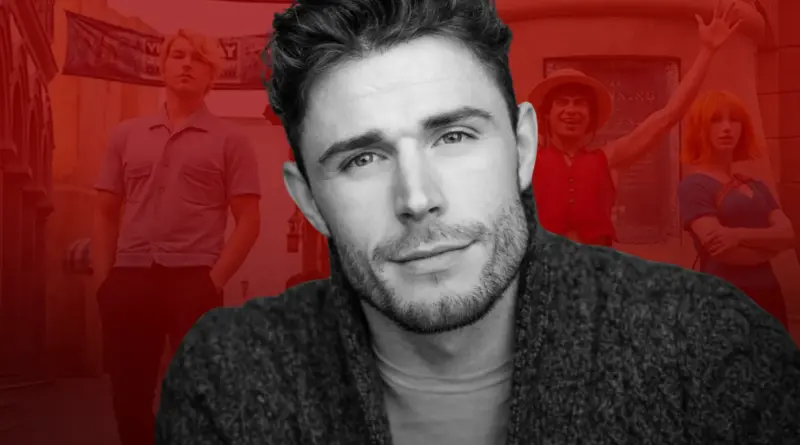 Retrato en blanco y negro del actor Callum Kerr con fondo rojo de One Piece.