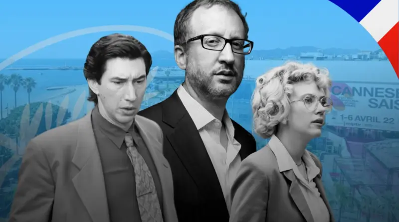 Collage promocional de la película "Paper Tiger" de James Gray para el Festival de Cannes, con Adam Driver, Scarlett Johansson y el propio director sobre un fondo costero de Cannes.