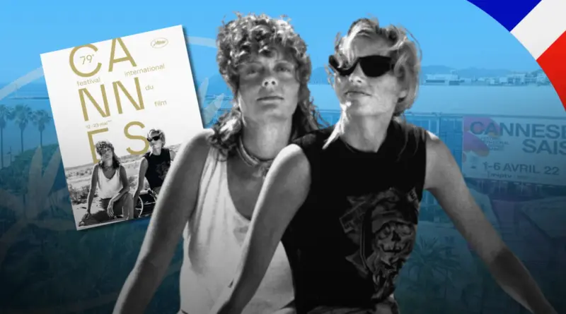 Anuncio oficial del 79.º Festival de Cannes 2026 con un montaje que destaca el cartel de la película Thelma & Louise sobre un fondo azul con el Palacio de Festivales de Cannes.