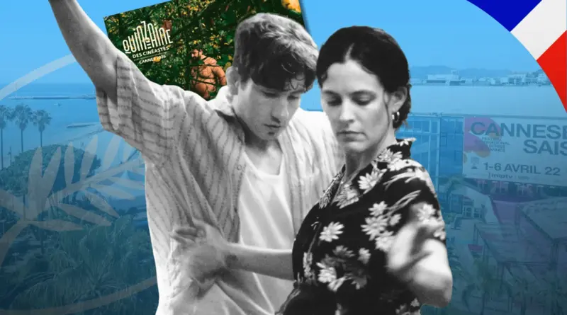 Collage promocional del Festival de Cannes 2026 con fotograma de Barry Keoghan en la película Butterfly Jam, el logo de la Quincena de Cineastas y el Palacio de Festivales de fondo.