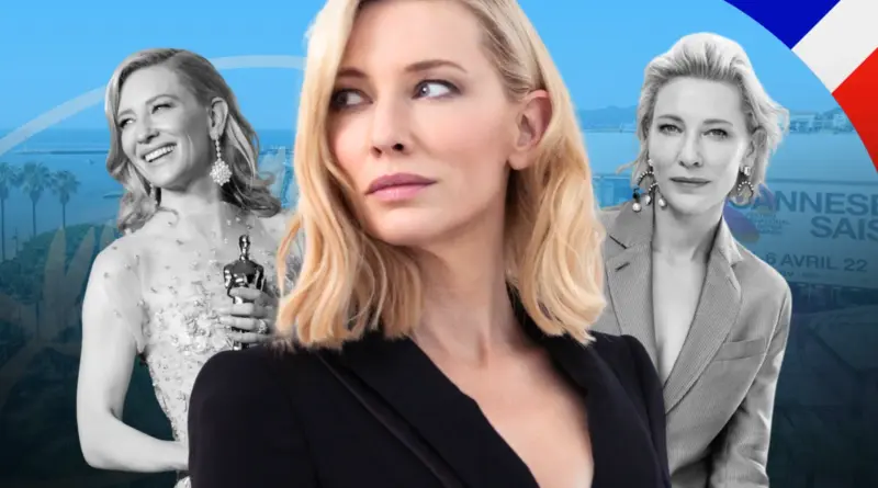 Collage de la actriz Cate Blanchett destacando su presencia en el Festival de Cannes 2026.