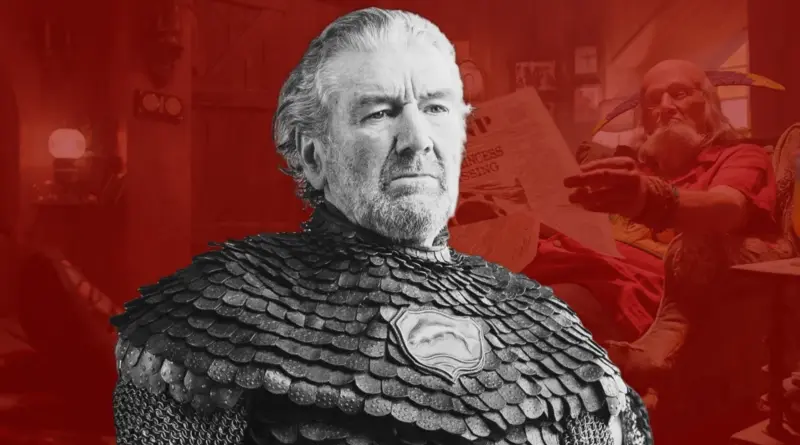 Collage artístico de personajes de Clive Russell.: Brynden Tully con armadura de escamas sobre un fondo rojo con su rol en One Piece.