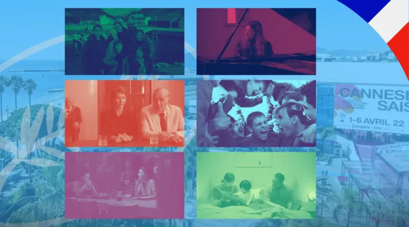 Collage de seis fotogramas de películas del Festival de Cannes 2026 sobre un fondo del Palacio de Festivales.