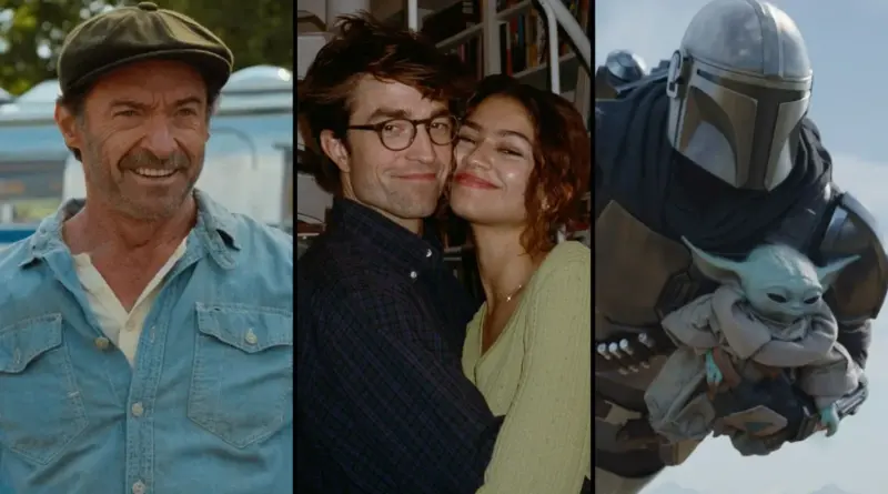 Collage de estrenos de películas de mayo 2026 con Hugh Jackman en Las ovejas detectives, Robert Pattinson y Zendaya en El drama, y The Mandalorian and Grogu.
