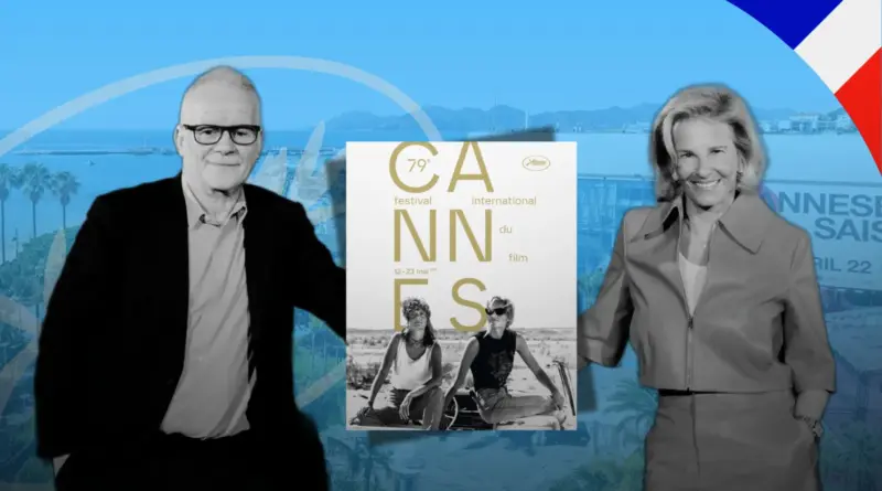 Cartel oficial de la 79 edición del Festival de Cannes flanqueado por Thierry Frémaux e Iris Knobloch sobre un fondo de la costa de Cannes.
